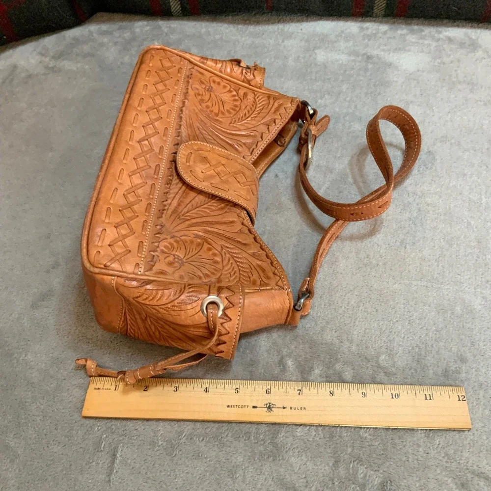 American West Hand Tooled Leather Bag and Wallet Set Tan Floral Cottagecore